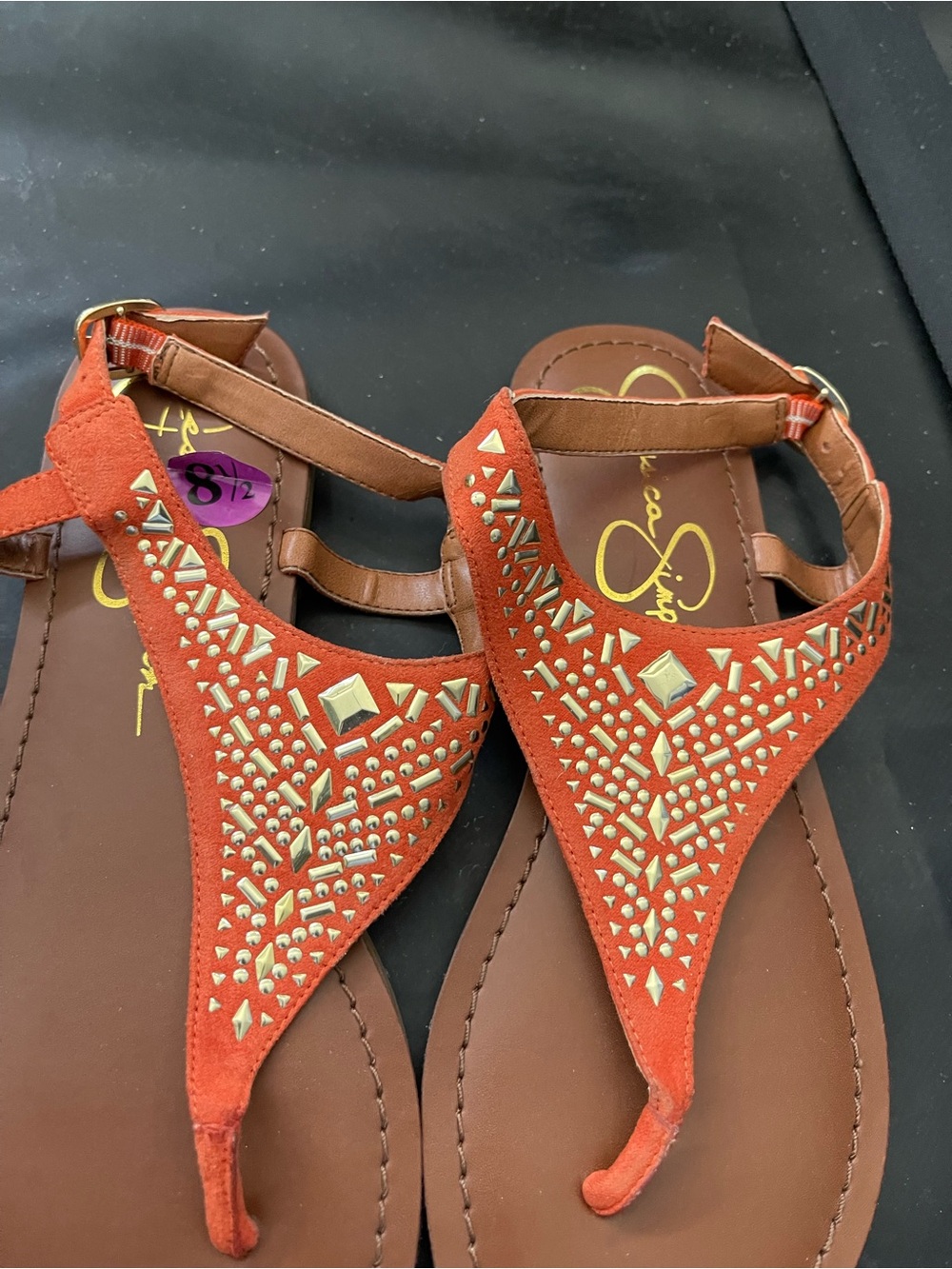 Jessica Simpson Orange Suede Studded T-Strap Sandals